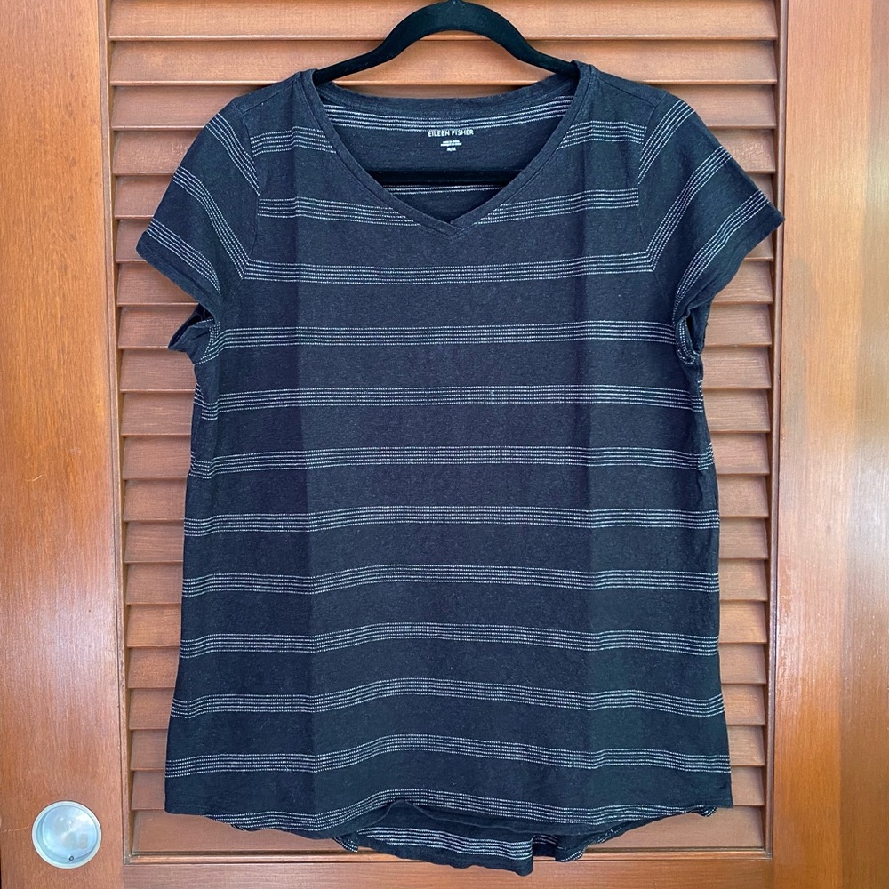 Eileen Fisher Charcoal Striped Hemp and Cotton Tee M